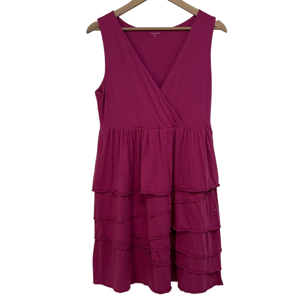 Garnet Hill Cotton Tiered Ruffle Sleeveless V-Neck Dress M Pink Elevated Basics